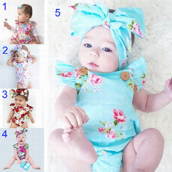 5 Style Ins Baby Boy Girl Rompers Suits Children Ins Cartoon Flower Flying Sleeve Triangle Rompers+hair Band 2pcs Set Baby Clothes B001