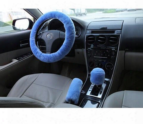 Blue Red Wool Steering Wheel Cover Handcar Cover Short-haired Steering Wheel Cover Fur One Piece Winter Slams + Handbrake Level 3pcs
