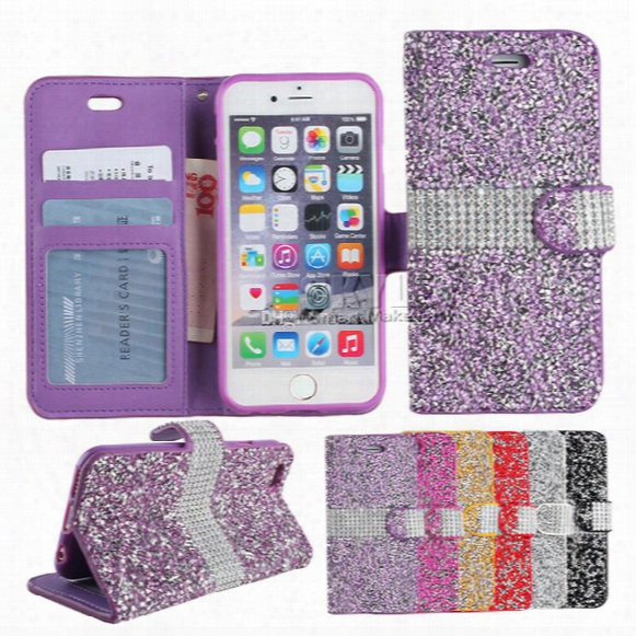 For Iphone 8 Galaxy On5 Wallet Diamond Case Iphone 6 Case Lg K7 Stylo Bling Bling Case Crystal Pu Leather Card Slot Opp Bag