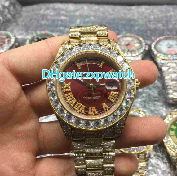 Huge Diamonds Bezel Big Size 43mm Wrist Watch Luxury Brand Hip Hop Rappers Full Iced Out Gold Case Red Face Dial Automatic Watches