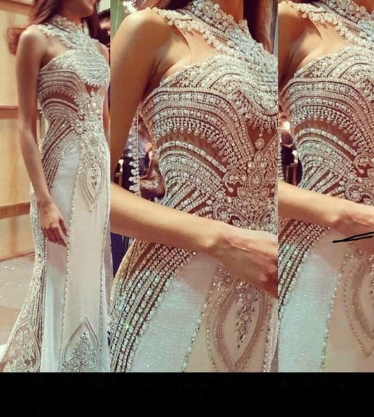 New Style Mermaid Prom Dresses 2017 Evening Prom Dresses With Crystal Lace Appliques Sheer Neck Sexy Bridal Party Red Carpet Custom Made