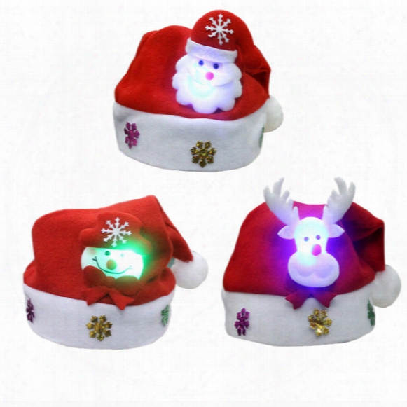 Non Woven Kids Christmas Hat With Led Light Cartoon Applique Santa Deer Snow Pattern Hats Christmas Holiday Supplies Elcd028