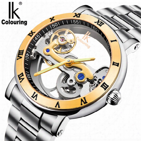 Promotion!luxury Brand Ik Solid Stainless Steel 50 M Dive Swimming Waterproof Transparent Skeleton Business Men&#039;s Automatic Mechanical Watch