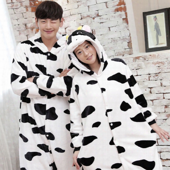Thicken Flannel White And Black Cow Cartoon Animal Pajamas Hot Sale Winter Long Sleeve Hooded Cute Home Onesies Sleepwear Cosplay Costumes