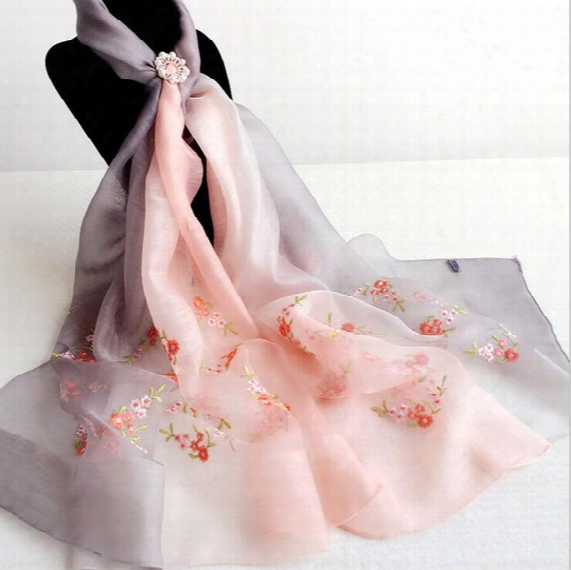 200cm*83cm Gradient Color 50% Silk And 50% Wool Scarf Embroidery Long And Soft