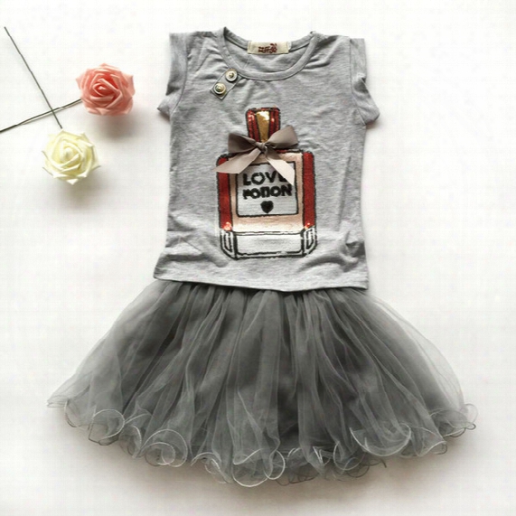 2016 Fashion Girls Skirt Summer Sets,2 Pcs White Cartoon T-shirt+black Pettiskirt Lace Suits,2 Colors Baby Girls Clothes 2-7 Year