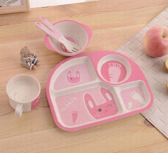 5pcs Set Pink Rabbit Print Baby Bamboo Square Dinner Sets Eco-friendly Kids Cartoon Dishes Set,children Plates Set,bamboo Kids Picnic Set