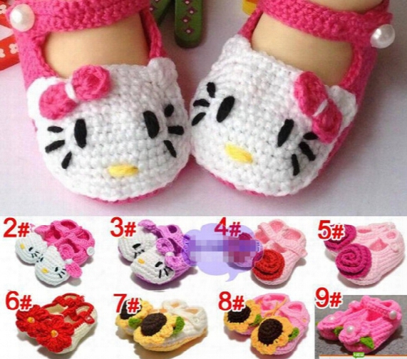 Handmade Toddler Baby Girl Shoes Baby Crochet Shoes Knit Flower Sandals Infant Hello Cartoon Kitty Shoes 5pairs Free Shippv120