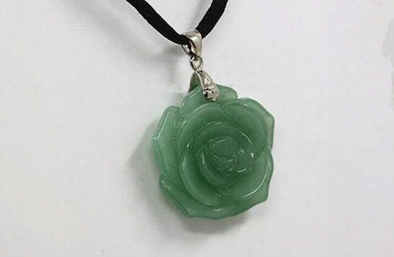 Natural Light Green Jade Carving Jade Pendant Lucky Charm Rose Flower Pendant Silver Necklace