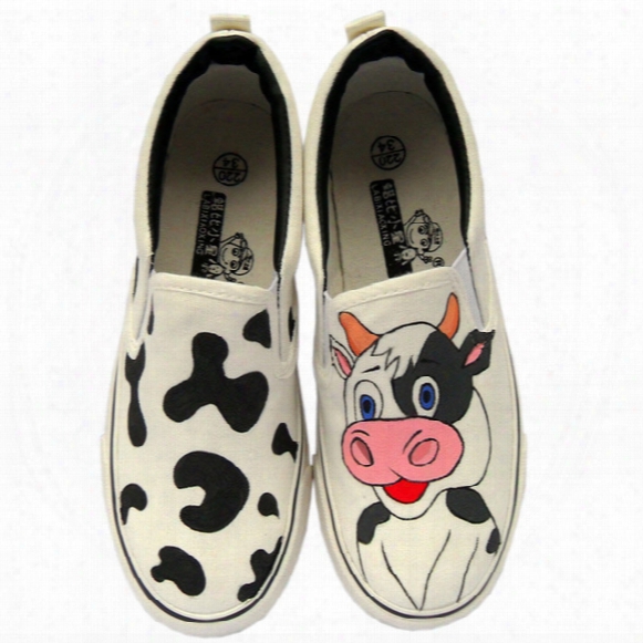 New Arrival Cute Design Cartoon Rabbit Dairy Cows Hand Painted Canvas Shoes,outdoor Leisure Fashion Sneakers,unisex Casual Shoes Hot Items