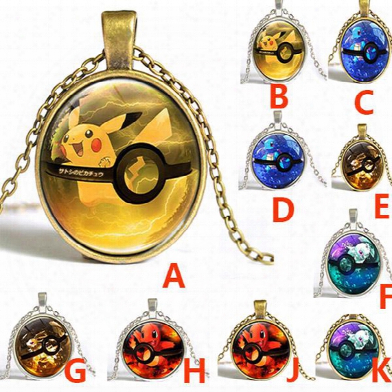 Unisex Retro New Poke Pikachu Necklace Cartoon Elf Time Gemestone Pendant Necklace Silver Bronze Jewelry Xmas Gifts 10 Style Zj-n09