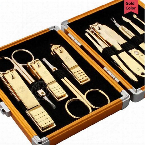 Wholesale- 11 Pcs/set Gold Color Nail Clipper Kit Nail Tools Nail Care Scissor Tweezer Knife Ear Pick Manicure Tools+grid Case Great Gift