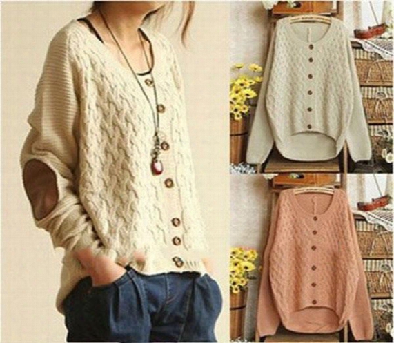 Wholesale-2015 New Women Knitted Sweater Korean Vintage Elbow Leather Patched Single Breasted Loose Cardigan Cute Sweaters Coat Sw7007