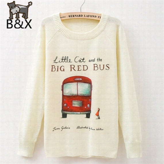 Wholesale- 2016 Autumn Winter Casual Women Sweater Long Batwing Sleeve Knitted Cartoon Bus Print Pullover Knitted Sweaters Womens