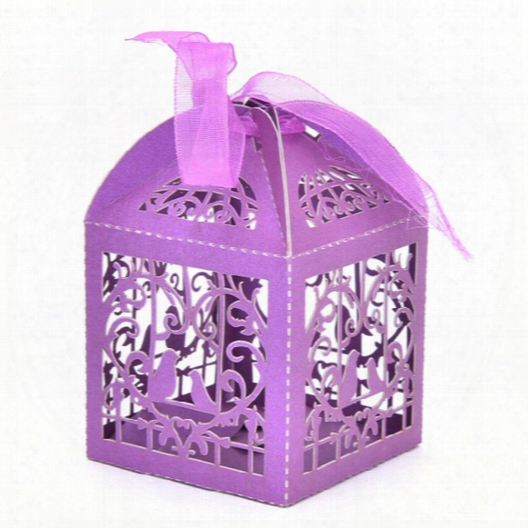 Wholesale- 50pcs/pack Cartoon Bird Love Heart Laser Cut Gift Candy Boxes Wedding Party Favor With Ribbon