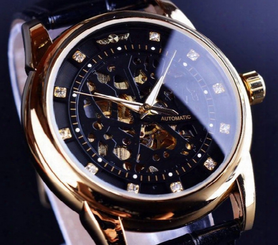 Winner Diamond Skeleton Design Black Golden Skeleton Watch Men Automatic Watch Horloge Erkek Saat Male Clock Men Orologio Uomo