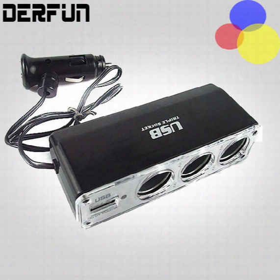 Quality Three Way Car Cigarette Lighter Socket Splitter Chargers Adapter Dc + Usb Port Plug 12v-24v With Cable For Iphone