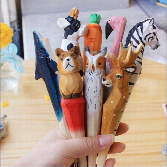 100pcs/lot Handmade Ballpoint Pen Lovely Artificial Wood Carving Animal Ball Pen Creative Arts Blue Pens Gift New Many Color