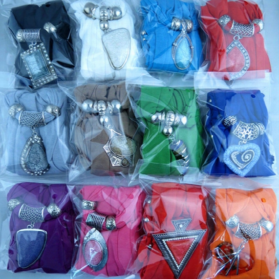 12 Designs Mix Alloy Pendant Scarf Jewelry Beads Scarves Necklace Scarfs With Shiny Resin Pendants Nikle-free