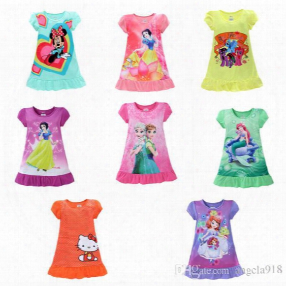 2017 Summer Girls Dresses Elsa Anna Mermaid Snow White/minnie/cartoon Kids Pajamas Polyester Nightgowns Sleepwear Clothes E1189