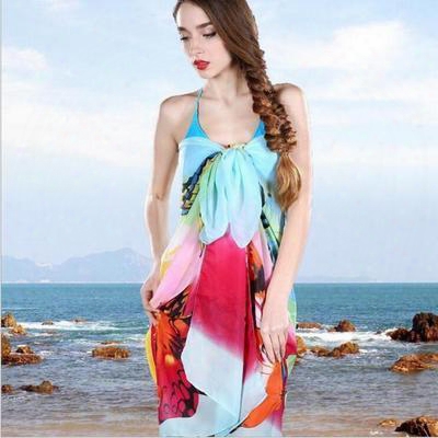 Beach Towel Floral Chiffon Pareo Dress Sarongs Wrap Beach Towel Swimwear Cover Up Long Scarf For Women Bikini