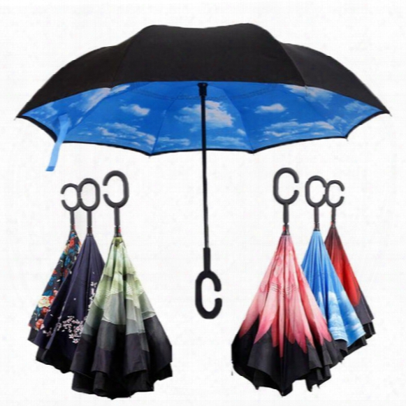 C J Handle Umbrella Windproof Reverse Folding Double Layer Inverted Umbrella Self Stand Inside Out Rain Protection C Hook Hands For Ca