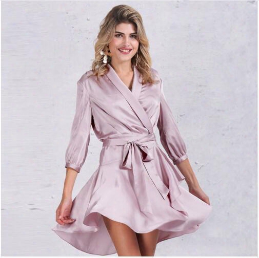 Chic Satin Ruffle Bow Dress Women V Neck Sexy Pajama Autumn Sleepwear Winter 2017 Evening Party Soft Dresses Vestidos New Clothing