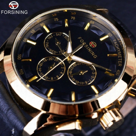 Forsining 2017 Retro Fashion Designer Three Dial Decoration Genuine Leather Golden Men Luxury Brand Automatic Mechanical Watches