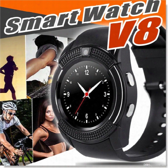 Latest V8 Smart Watch Round Face Screen Smartwatches With Bluetooth Music Player For Android & Ios Cellphone With Micro Sim Tf Card