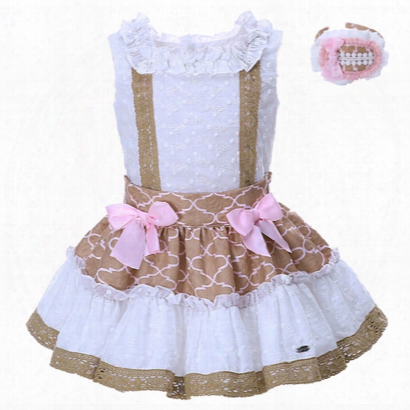 Pettigirl 2-8y Girl White Jacquard Sleeveless Tops With Brown Lace Patchwork Color Skirt With Pink Bow Kid Cotton Clothing G-dmcs001-1308