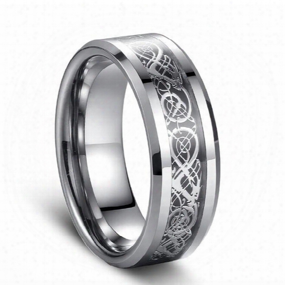 Siver Dragon Inlay Tungsten Carbide Ring Punk Style Fashion Jewelry Traditional Culture Dragon Ring 8mm Wide Hot Sales For Couples American