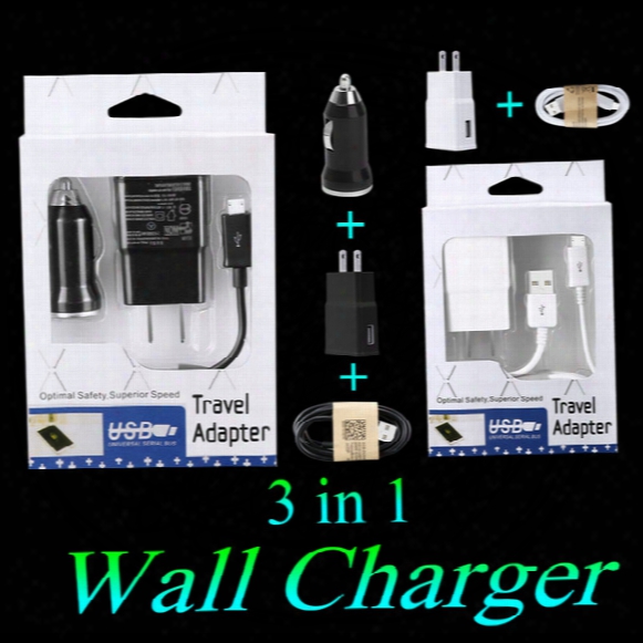 Wall Charger Home Plug Us Eu Version Plug 3 In 1 2 In 1 Set Wall Charger Micro Usb Sync Cable Car Charger Full Sets With Retail Package