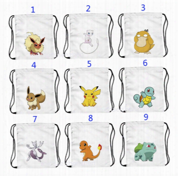 20 Style Poke Go Pikachu Oxford Cloth Bags Children Cartoon Pikachu Jeni Turtle Sylveon Poke Ball Mewtwo Drawstring Bag Schoolbag B001