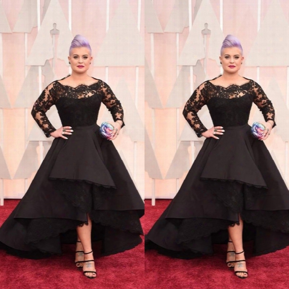 2015 Plus Size Long Formal Dresses Oscar Kelly Osbourne Celebrity Black Lace High Low Red Carpet Sheer Evening Dresses Ruffles Party Gowns