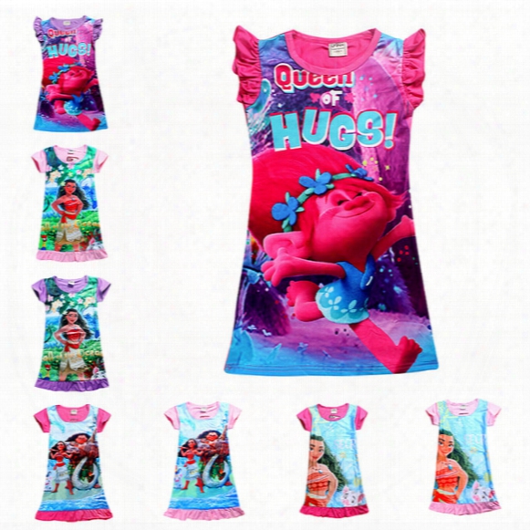 2017 Summer Baby Girl Dress Ice Silk Cartoon Trolls And Moana Kids Pajamas Ruffle Hem Extra Comfy Girls Clothes Children Clothing