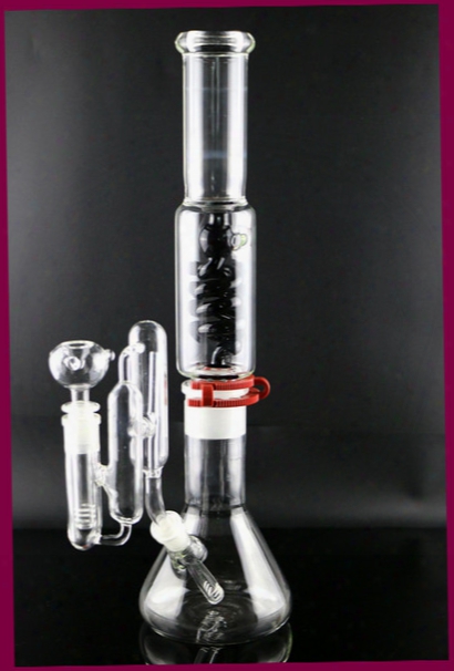 Beaker Bongs Black Coil Percolater Glass Water Pipe With Carb Hole Two Parts Tube Connect With Clips Recycler Ash Catcher Weight 1150g