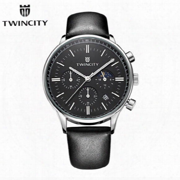 Luxury Brand New Twincity Men's Quartz Watch Chronograph Wristwatch Automatic Date Sports Leisure Watches Moon Phase Fashion Leather Strap