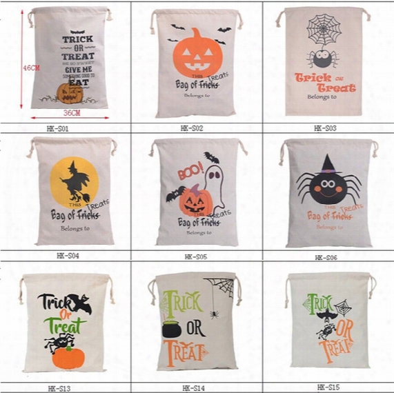 New Halloween Large Canvas Bags Cotton Drawstring Bag With Pumpkin, Devil, Spider, Hallowmas Gifts Sack Bags 9styles 2736