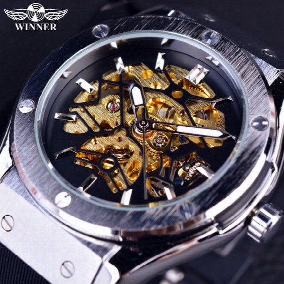 New Sport Design Mens Watches Top Brand Luxury Automatic Watch Men Golden Skeleton Rubber Band Men Military Watch Clock Men