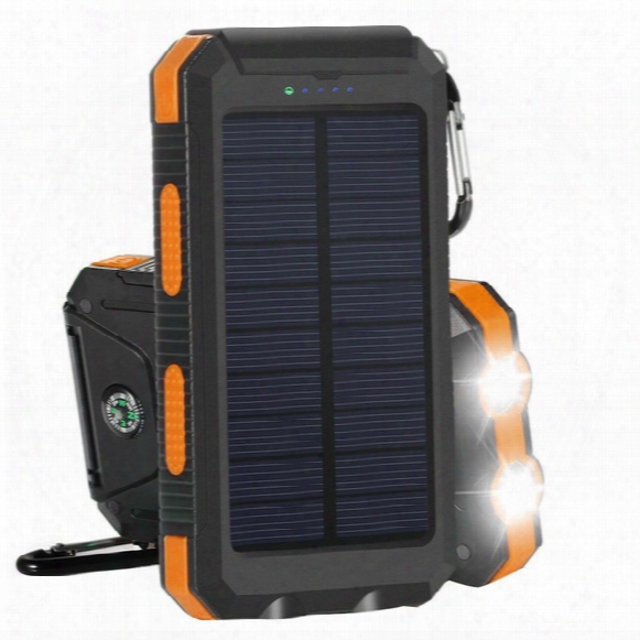 Solar Charger, Solar Power Bank 10000mah External Backup Battery Pack Dual Usb Solar Panel Charger With 2led Light Carabiner Compass Portabl