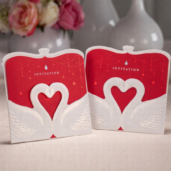 Wholesale-lovable Romantic White Swan With Red Heart And Paper Wedding, Party, Business Invitation Cards With Envelope, 50pcs/ Lot