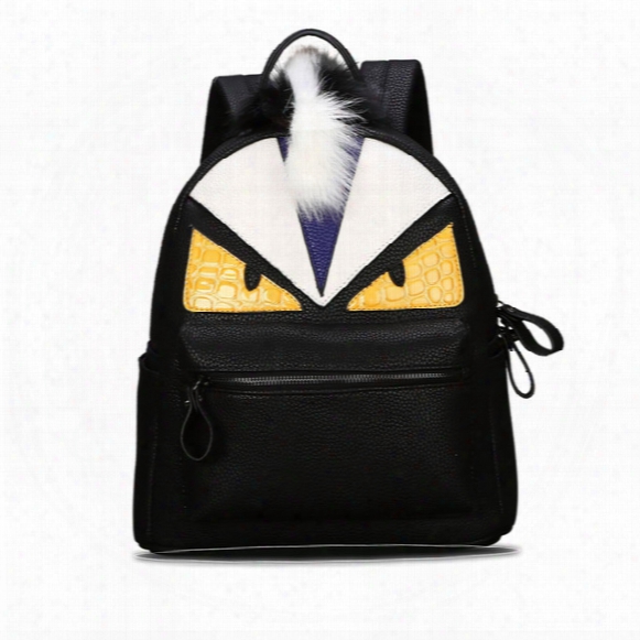 Wholesale- Women's Backpack Designer Black Cartoon Eyes Monster Backpacks With Fur Travel Bag Cute Backpacks For Teenage Girls