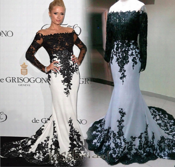 2016 Red Carpet Evening Dresses Black And White Mermaid Sheer Crew Neck Long Sleeves Lace Formal Gowns Elie Saab Celebrity Gown