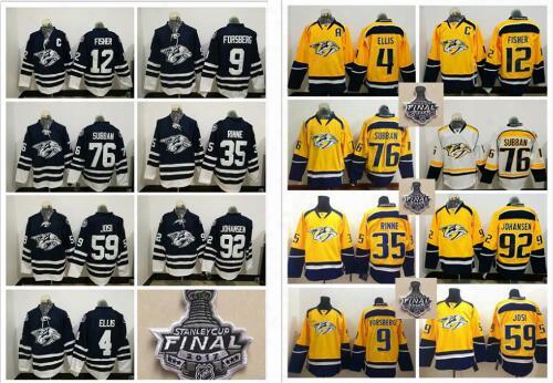 2017 Nashville Predators Stanley Cup Final 76 Pk Subban 92 Ryan Johansen 35 Pekka Rinne 59 Roman Josi Fisher Ellis Yellow Blue Hockey Jersey