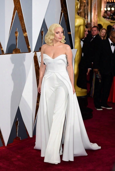 88th Oscar Lady Gaga Red Carpet Dresses 2016 White Pants Jumpsuit Unique Outfits Evening Gowns Celebrity Dresses Maxwell Fashion Satin
