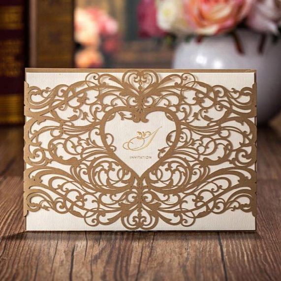 Dark Gold Laser Cut Heart And Flowers Wedding Invitations Cards, By Wishmade, Cw5018, Customized Printing!