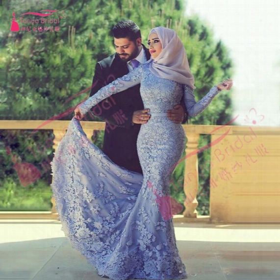 Elegant Long Sleeve Muslim Evening Dress Mermaid Bridal Dresses High Neck Women Special Occasion Dress Islamic Dresses With Hijab Real Z284