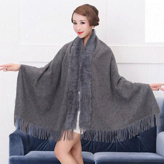 Factory Sale 2017 Fashion Multifunction Magic Lady Winter Shawls Scarf With Real Genuine Rabbit Fur Collar Pashmina Stole Gifts
