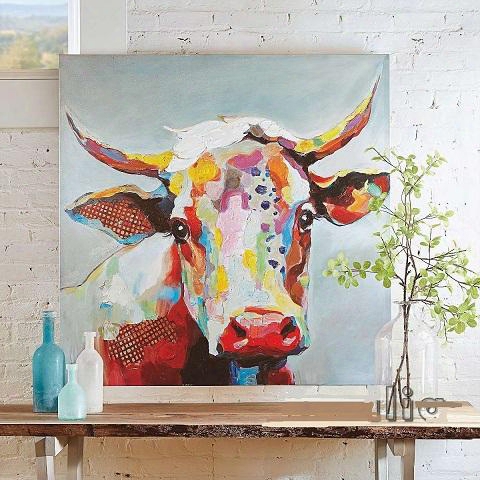 Framed Cute Cow Cartoon,high Quality Genuine Hand Painted Wall Decor Abstract Animal Art Oil Painting Canvas Multi Sizes