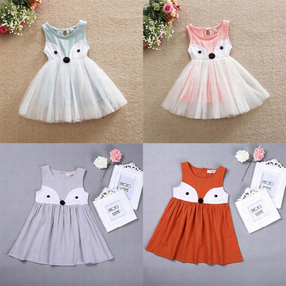 Girls Dress Fox Cartoon One-piece Dress Sleeveless Lace Cotton Kids Skirt 4 Colors 5 Sizes 2-7t